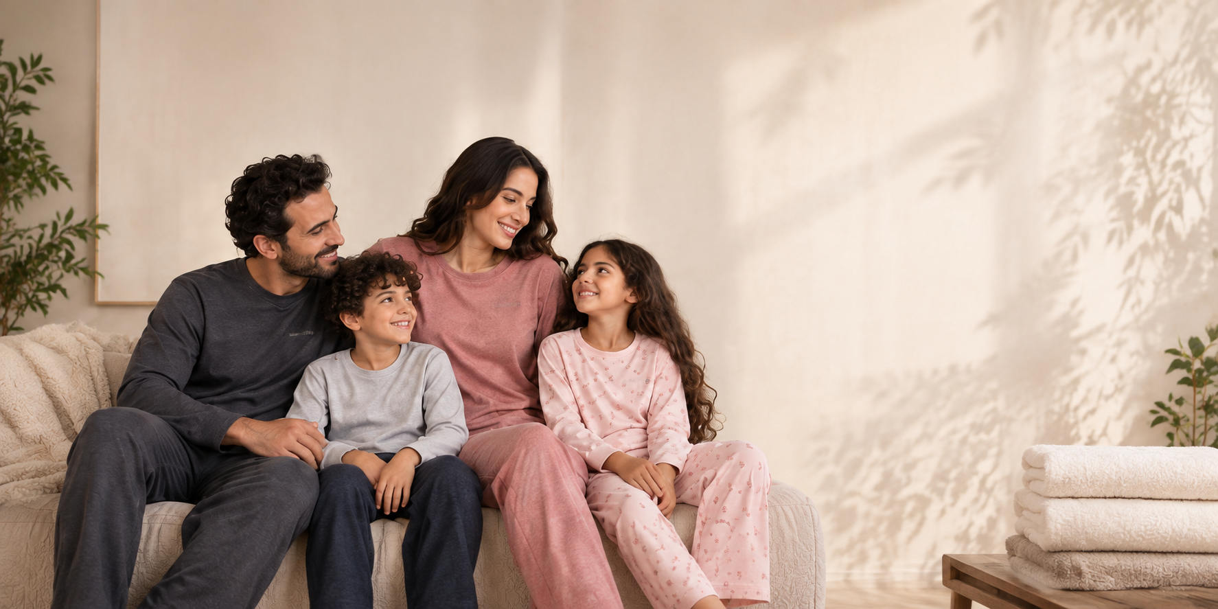عائلة ترتدي ملابس قطونيل القطنية في المنزل